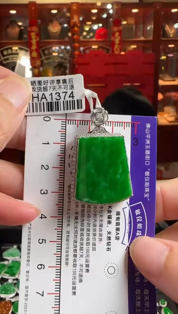 翡翠18K金镶嵌颈饰HA1374辣绿无事牌