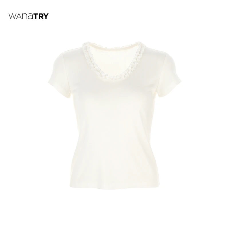 【自播专享】wana try 奶白色木耳边亲肤天丝羊毛T恤