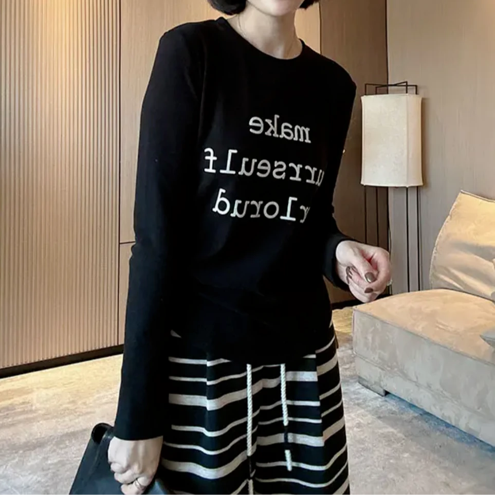 双面绒磨毛打底衫秋冬时尚洋气百搭字母印花修身显瘦T恤-11837