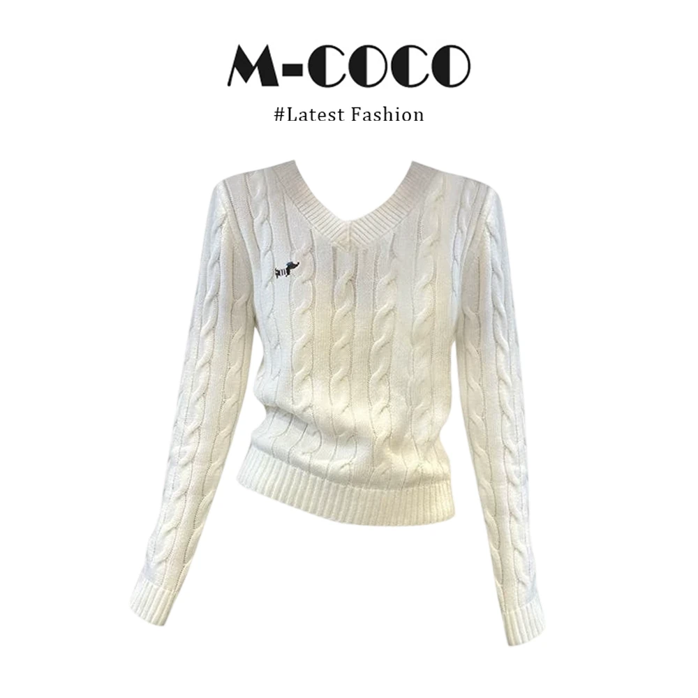 MARIE.COCO纯欲老钱风V领麻花针织衫女秋冬新款小狗刺绣毛衣上衣