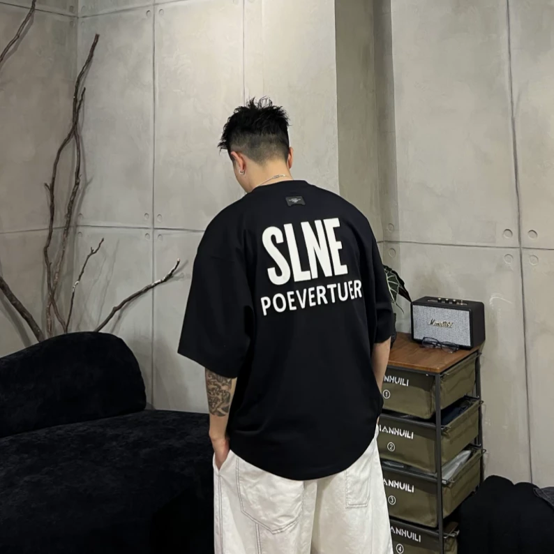 夏季新款极简风美式休闲字母印花短袖T恤男士时尚百搭痞帅半袖潮T