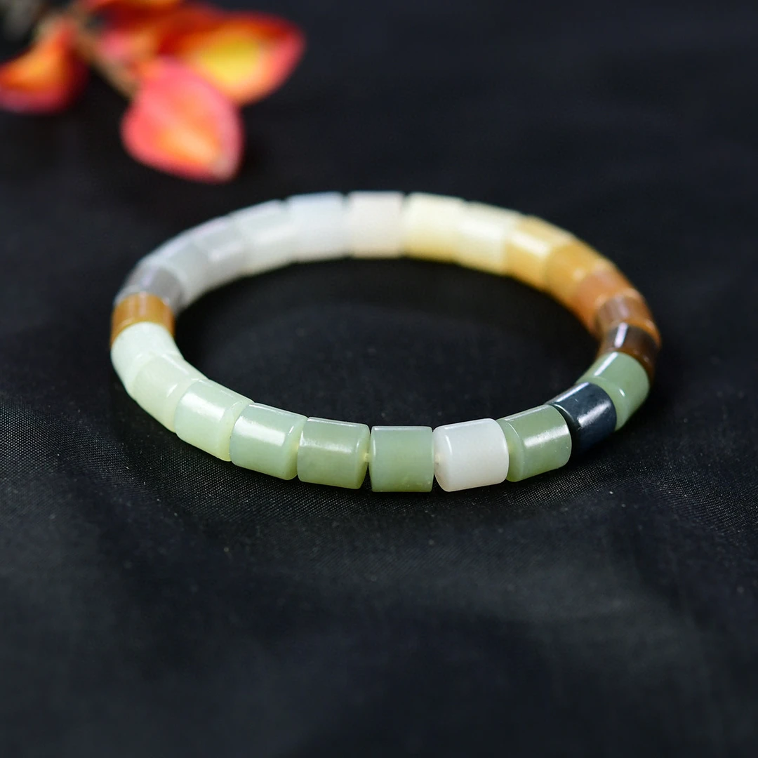 和田玉多宝手链女士玉石手串桶珠手链单圈玉珠串  尺寸:7.7/8