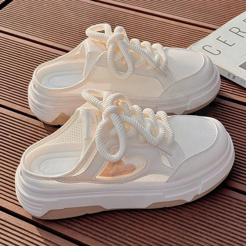 夏季半拖鞋女2025新款透气薄款网面网鞋厚底休闲一脚蹬懒人小白鞋