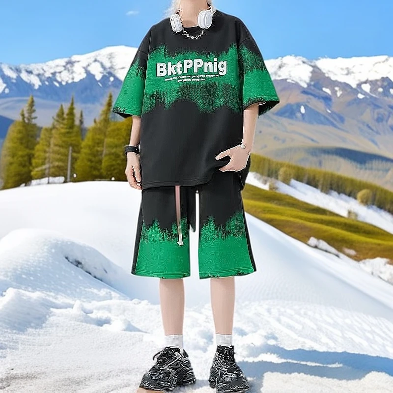 大码运动套装男夏季2025新款冰丝短袖t恤高级感痞帅男装一套