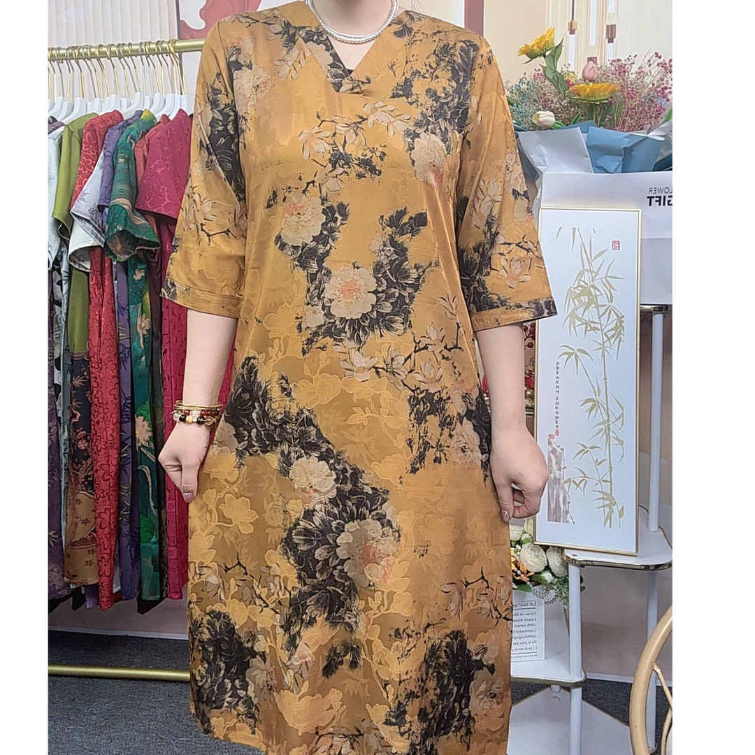 【花萝牡丹花】2025新款妈妈装时尚气质中长款显瘦遮肚连衣裙