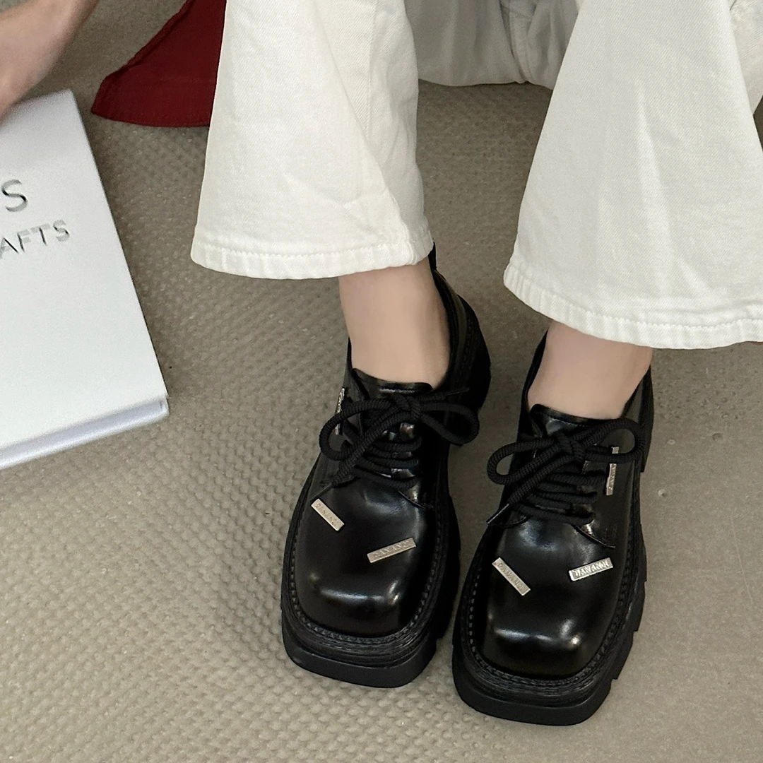 【Yuki定制】金属潮酷系带百搭2024新款方头厚底系带乐福鞋小皮鞋