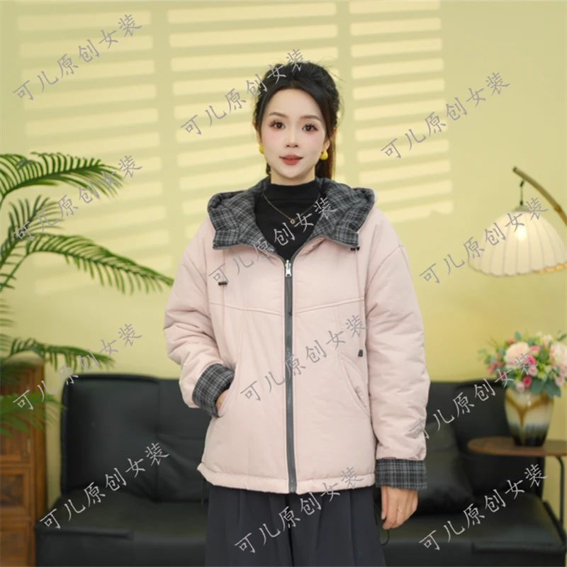 冬季新款格子撞色拼接双面穿连帽棉服外套上衣休闲宽松百搭棉衣女