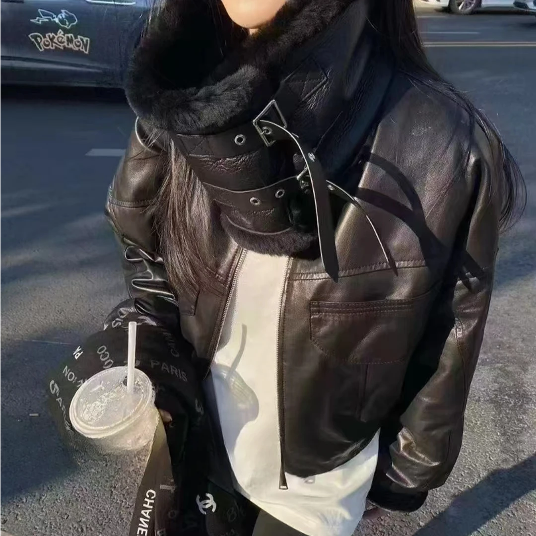 ZM24年冬季新款时尚超薄油蜡皮配皮毛一体翻领羽绒服女（1019）