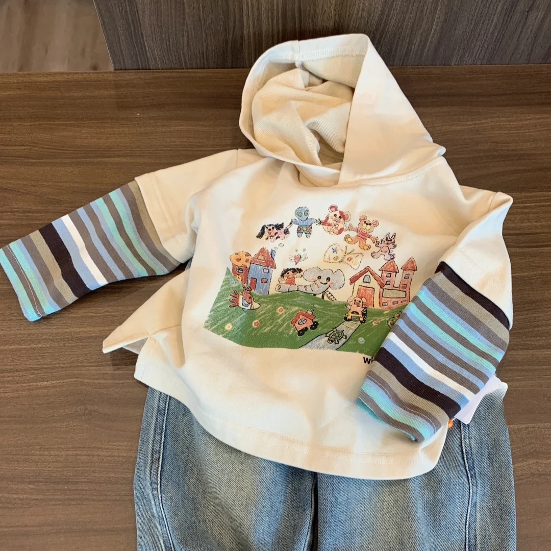 韩系儿童假两件长袖t恤2026春秋新款中小童男童洋气打底衫上衣ins