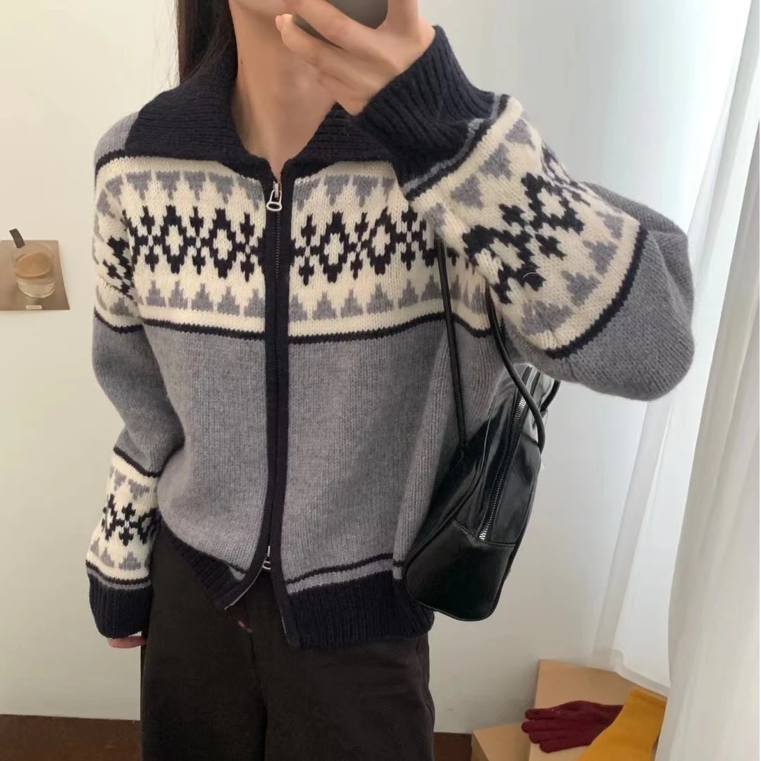 【YIYI】费尔岛开衫~秋冬厚款全羊毛拉链撞色时尚费尔岛提花开衫