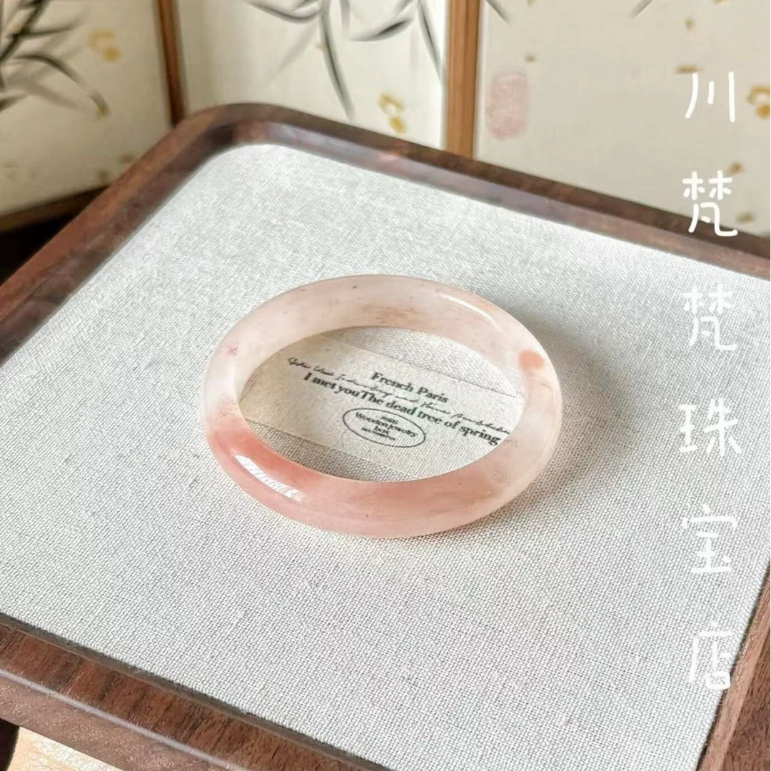 新疆金丝玉手镯天然桃花酿手镯高冰余太翠玉镯子透粉色少女送礼物