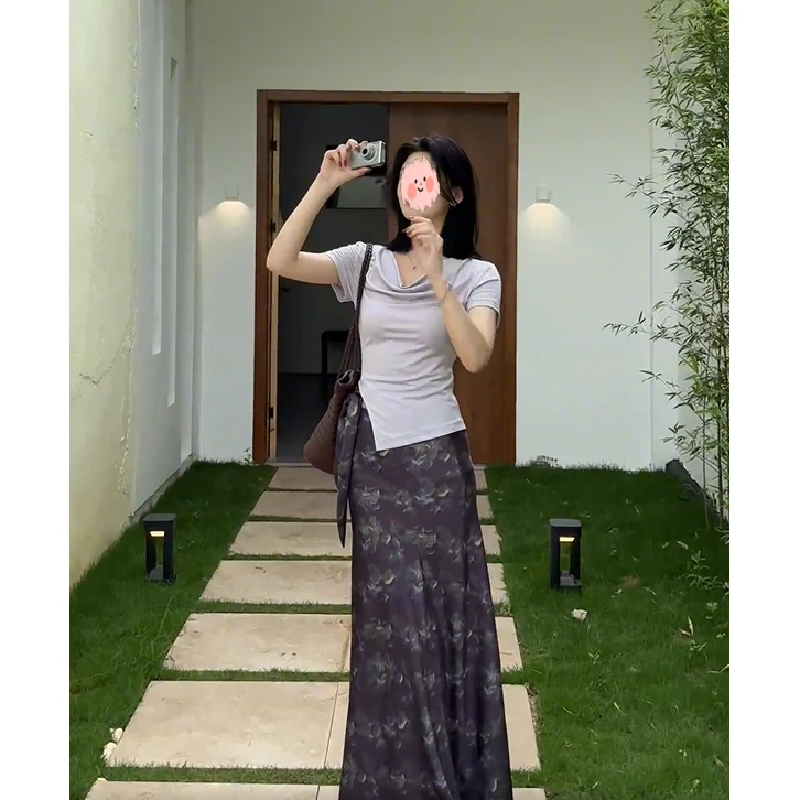 法式轻奢高级感时尚套装女夏季荡领短袖上衣印花半身裙气质两件套