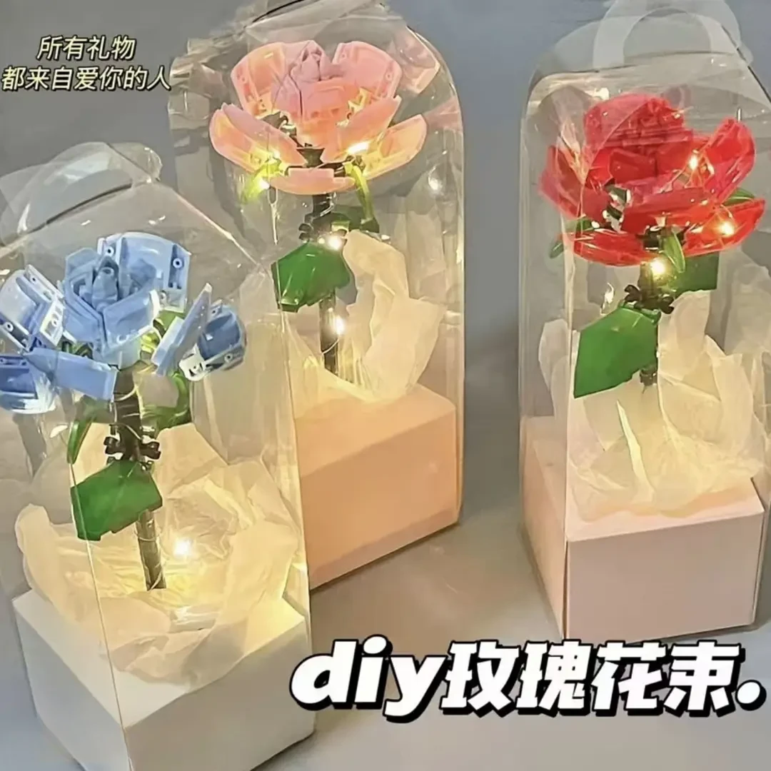 永生玫瑰花拼装积木摆件DIY送女生女朋友拍照惊喜仪式感礼物 A820