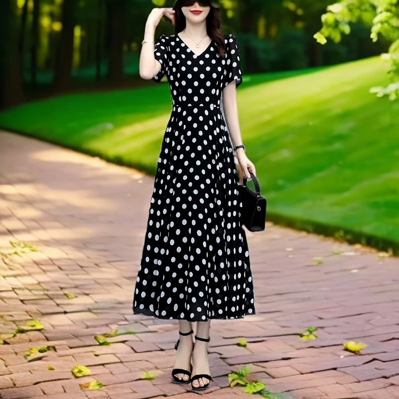 夏季新款时尚气质波点雪纺连衣裙女收腰显瘦洋气修身长款过膝长裙