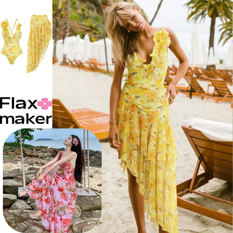 Flaxmaker·胸前小碎花百合花印花连体泳衣女款保守又女泡温泉服装