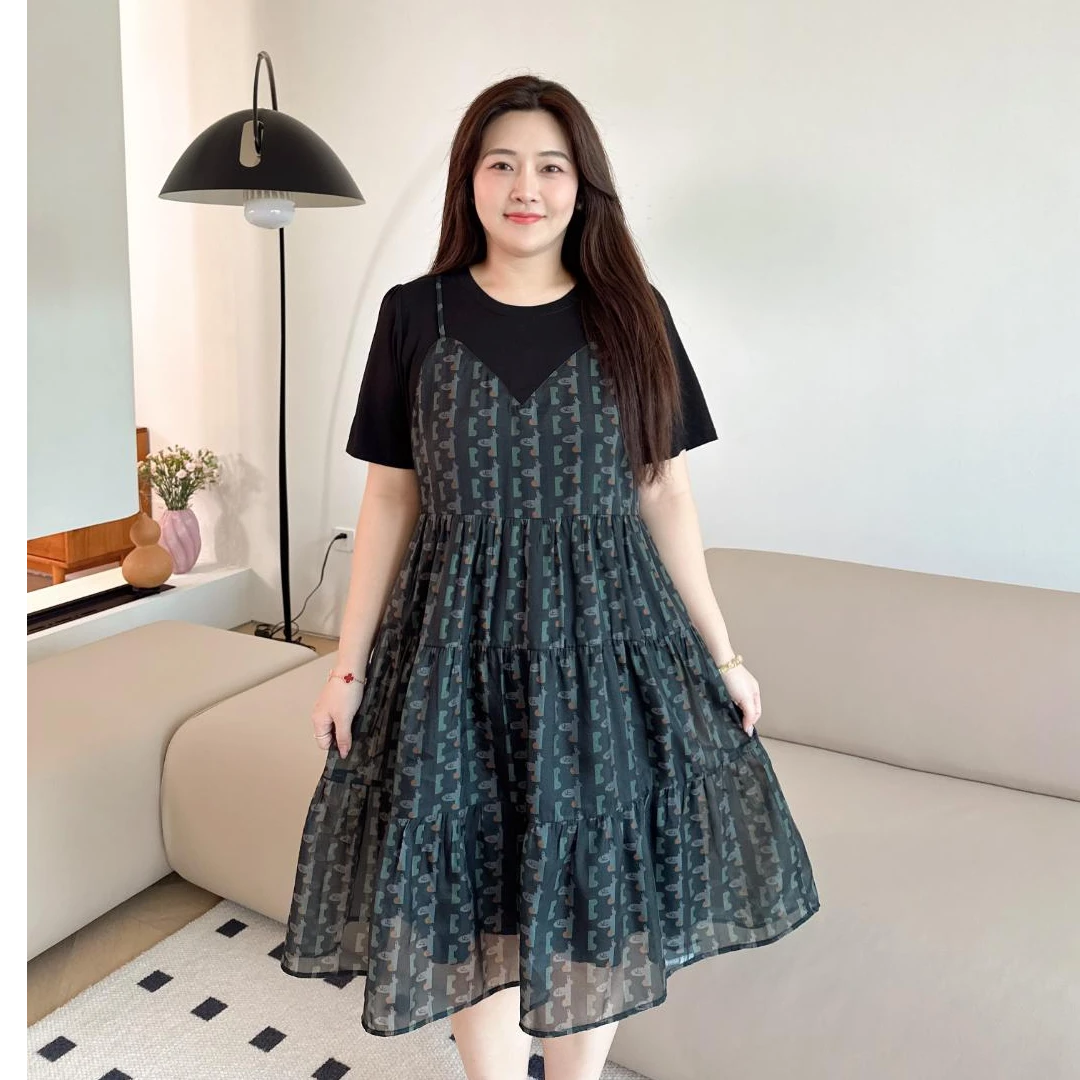 MsShe【轻纱漫舞】大码女装秋假两件印花高级感显瘦连衣裙M2407098