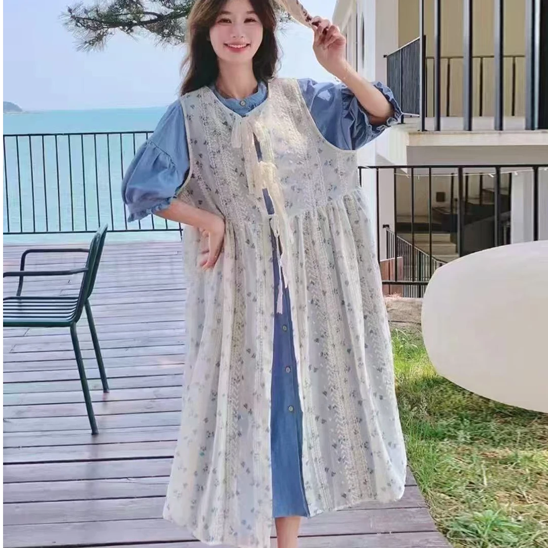 大码法式碎花罩衫连衣裙套装2024胖mm气质温柔风泡泡袖长裙两件套