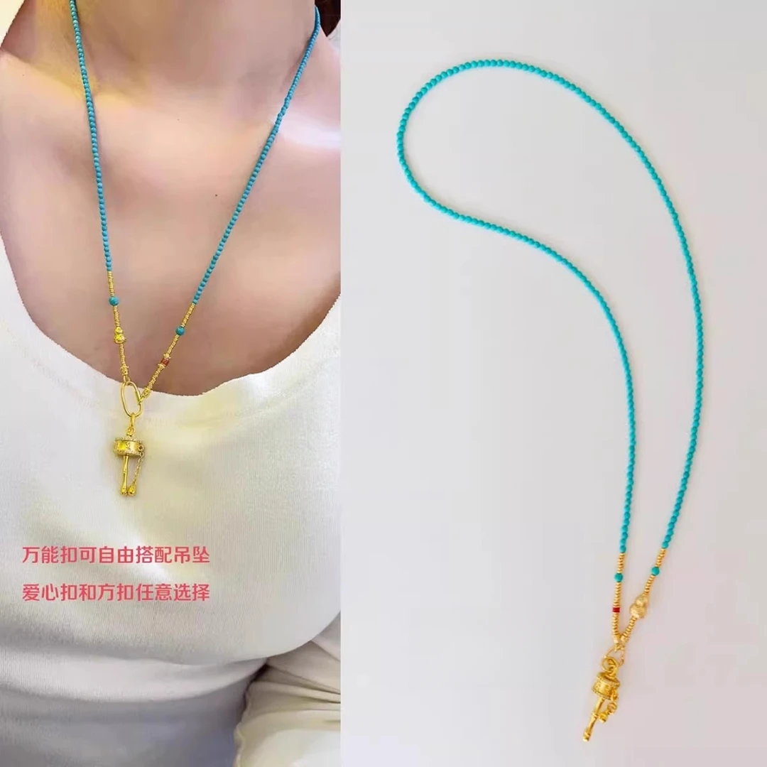 挂脖抽拉项链女转运筒吊坠可拆卸挂绳万能链黄金色串珠长款毛衣链