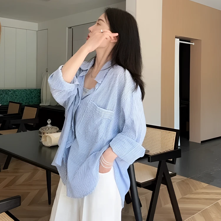 蓝色条纹衬衫女2025早秋新款外搭开衫法式高级感慵懒风中长款上衣