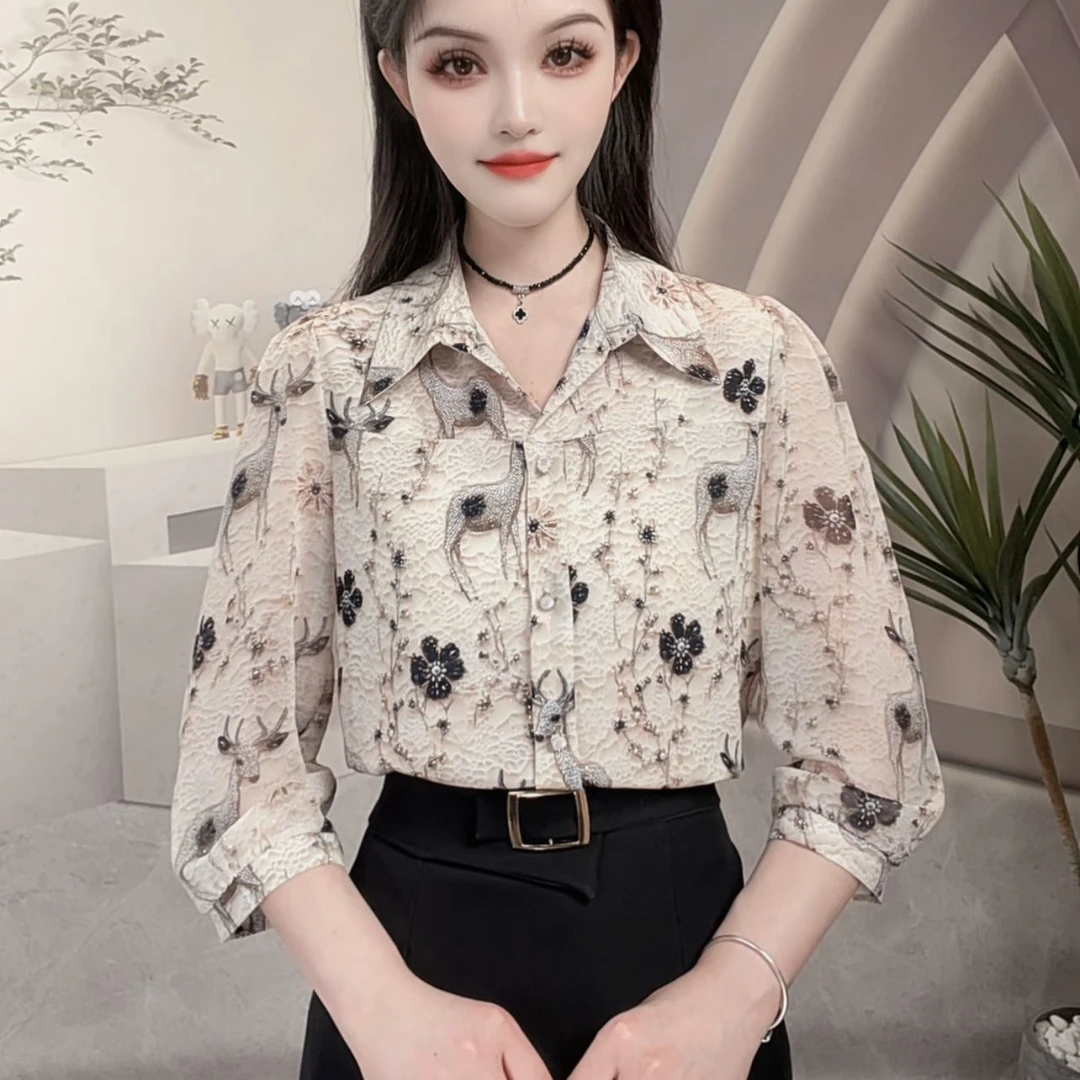 休闲气质印花七分袖衬衫女2025夏季新款宽松百搭洋气清凉透气上衣