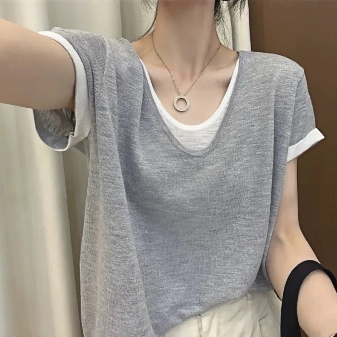 假两件双V领薄款短袖针织衫夏季新款宽松韩版气质T恤上衣女士
