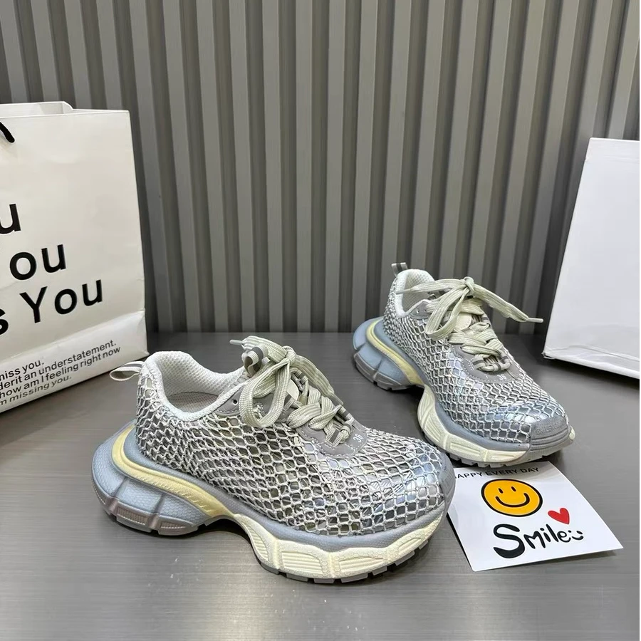 7-63炸街水钻渔网老爹鞋女2025春季厚底增高百搭显瘦休闲运动鞋