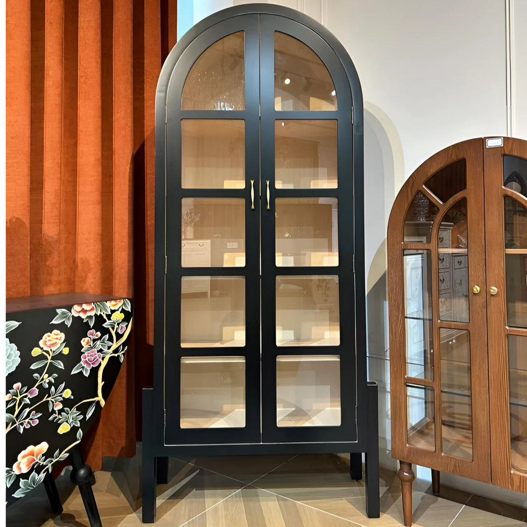 90*40*198 北欧拱形置物柜法式客厅中古酒柜家用玻璃门双门书柜
