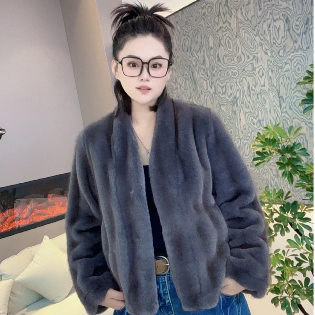 时尚定制欧貂绒环保皮草V领休闲冬季保暖短外套