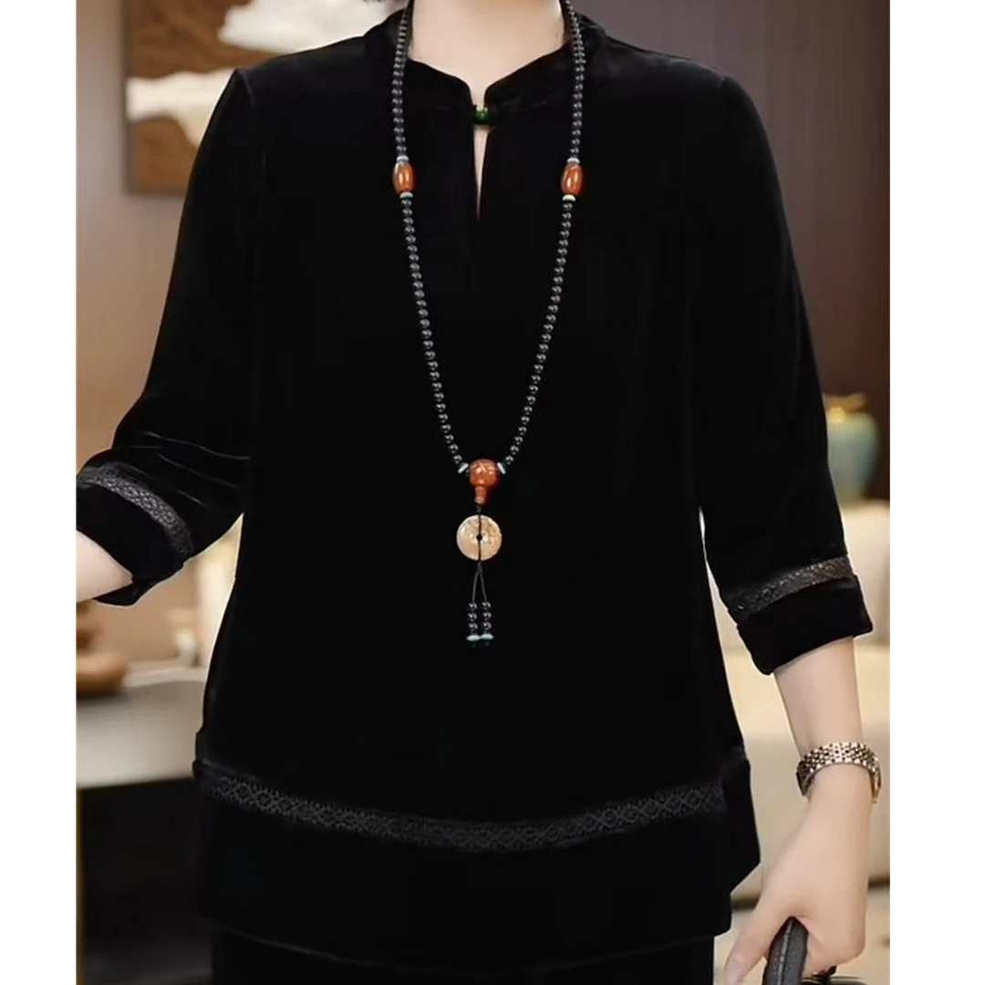 时尚妈妈装小衫长袖丝绒上衣大码宽松百搭小衫女春秋中老年服装