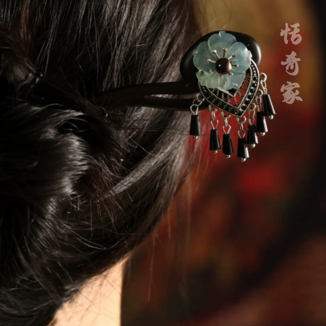 恬奇家a741”冰透玉兰花“高定手工木质发簪流苏原创设计日常旗袍