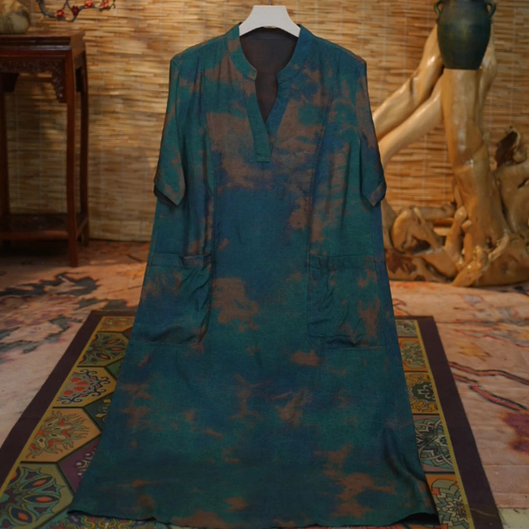 【骑袍春漪龟纹】高端时尚国风气质扎染连衣裙