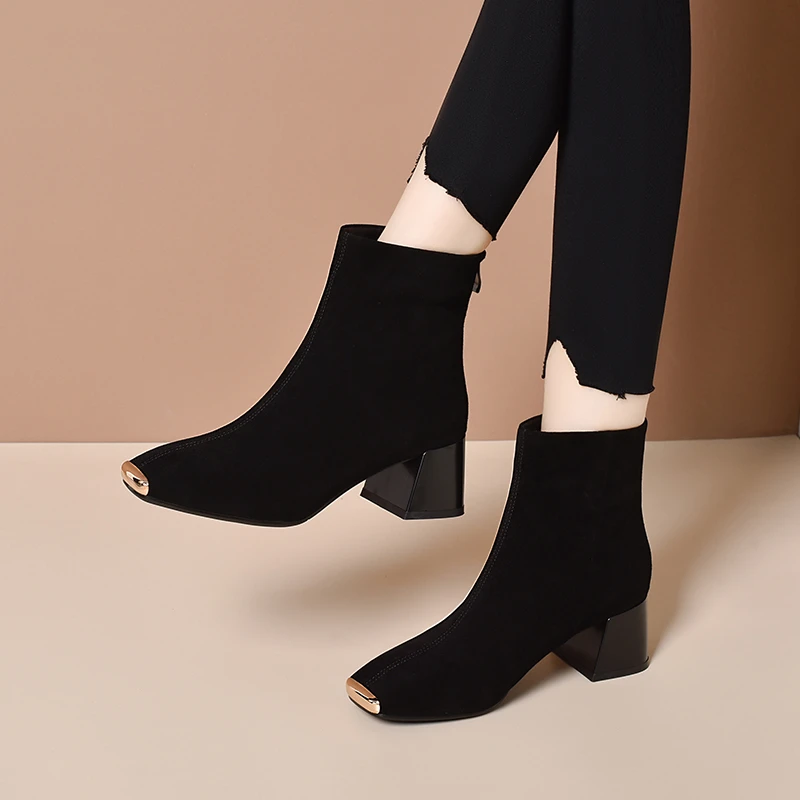 方头真皮磨砂粗跟瘦瘦靴秋季单靴2025新款中跟软皮冬季加绒短靴女