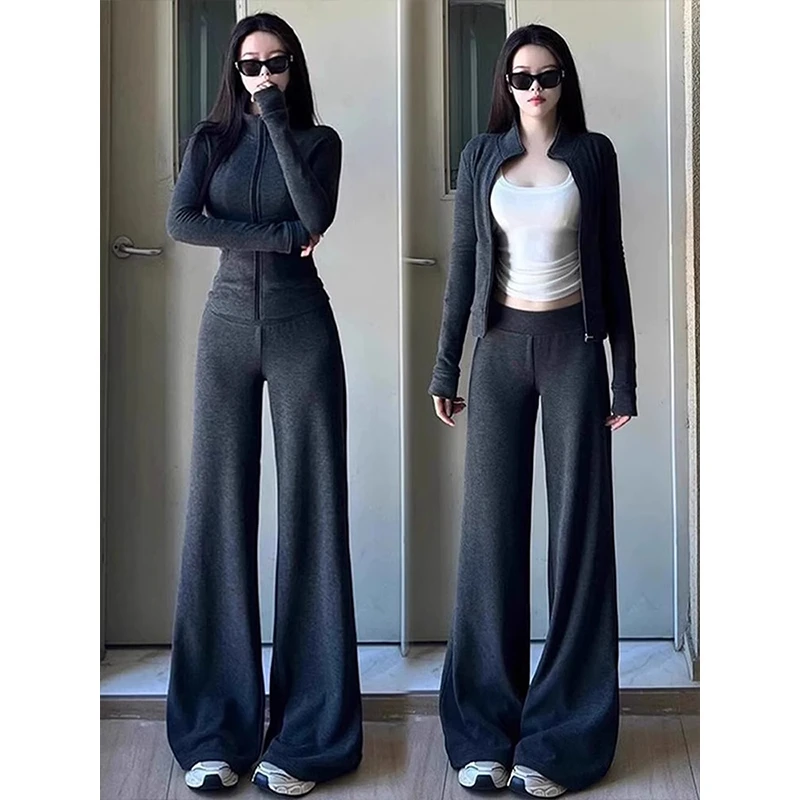 灰色条纹外套女款春秋季2025新款正肩修身卫衣开衫上衣秋冬天穿搭