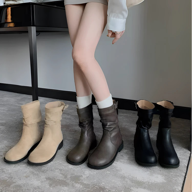 【葡萄妈同款】韩系圆头褶皱绒面粗跟厚底堆堆低帮短筒靴女骑士靴秋
