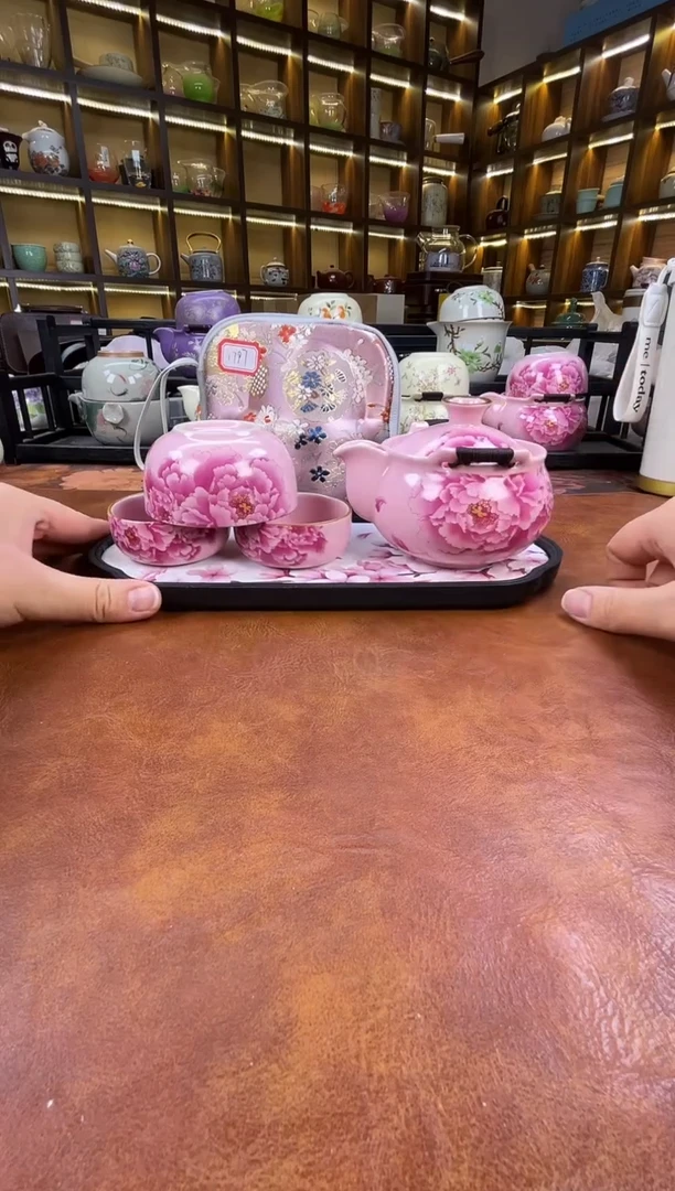 瓷片新款粉色牡丹宝瓶+长方粉色花朵盘