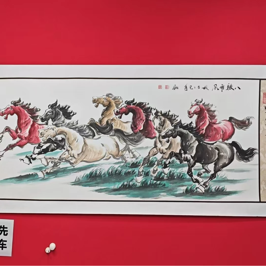 李新社六尺横幅手绘宣纸八骏雄风-彩墨画