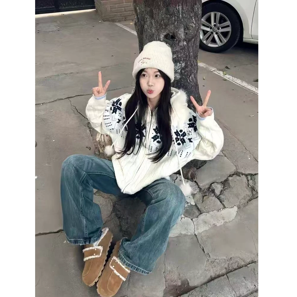 2025新款日系复古费尔岛麻花针织外套女秋季新款宽松慵懒连帽开衫