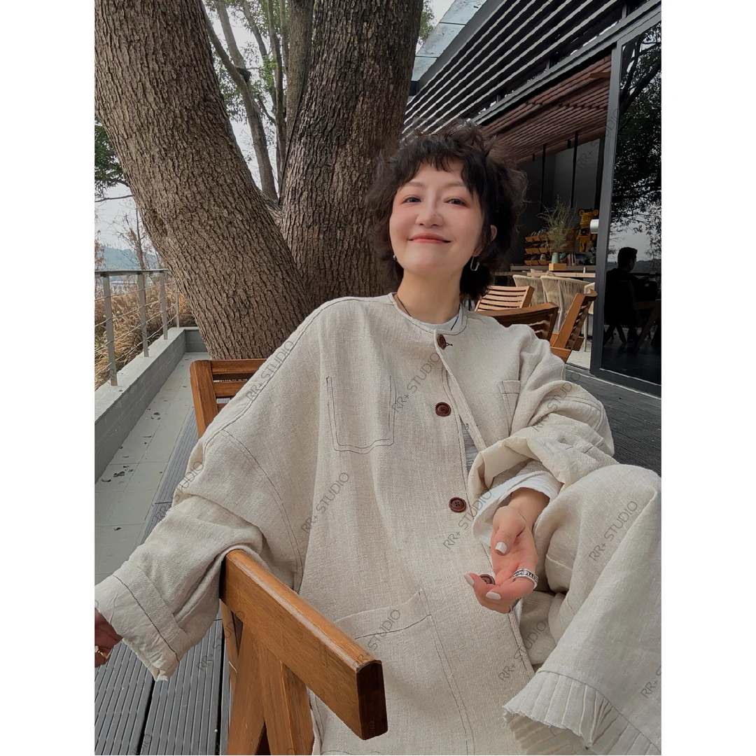 23387文艺简约明线圆领外套女宽松廓形休闲上衣