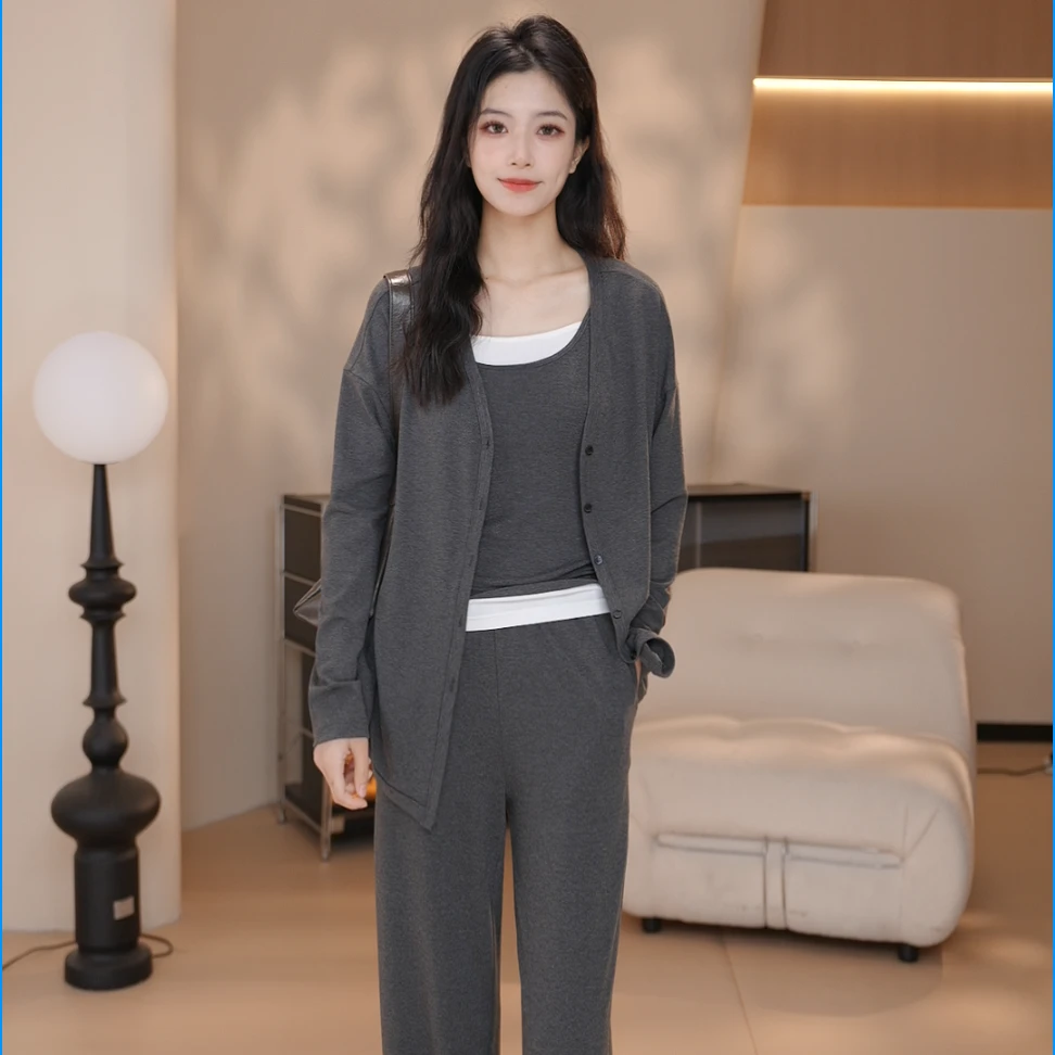 Basic House/百家好2025春季显瘦长袖休闲时欧若风三件套CSM