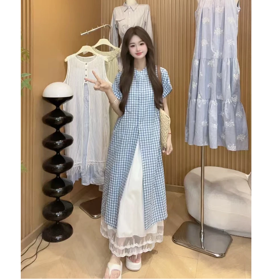 格纹长款设计感度假风短袖衬衫女夏季新款宽松休闲时尚套装7115