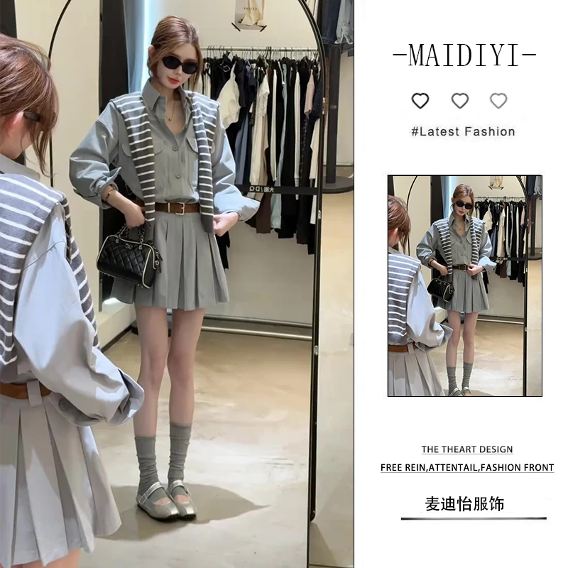 【新款】2025早秋气质百搭衬衫披肩连衣裙设计感长袖裙子收腰短裙