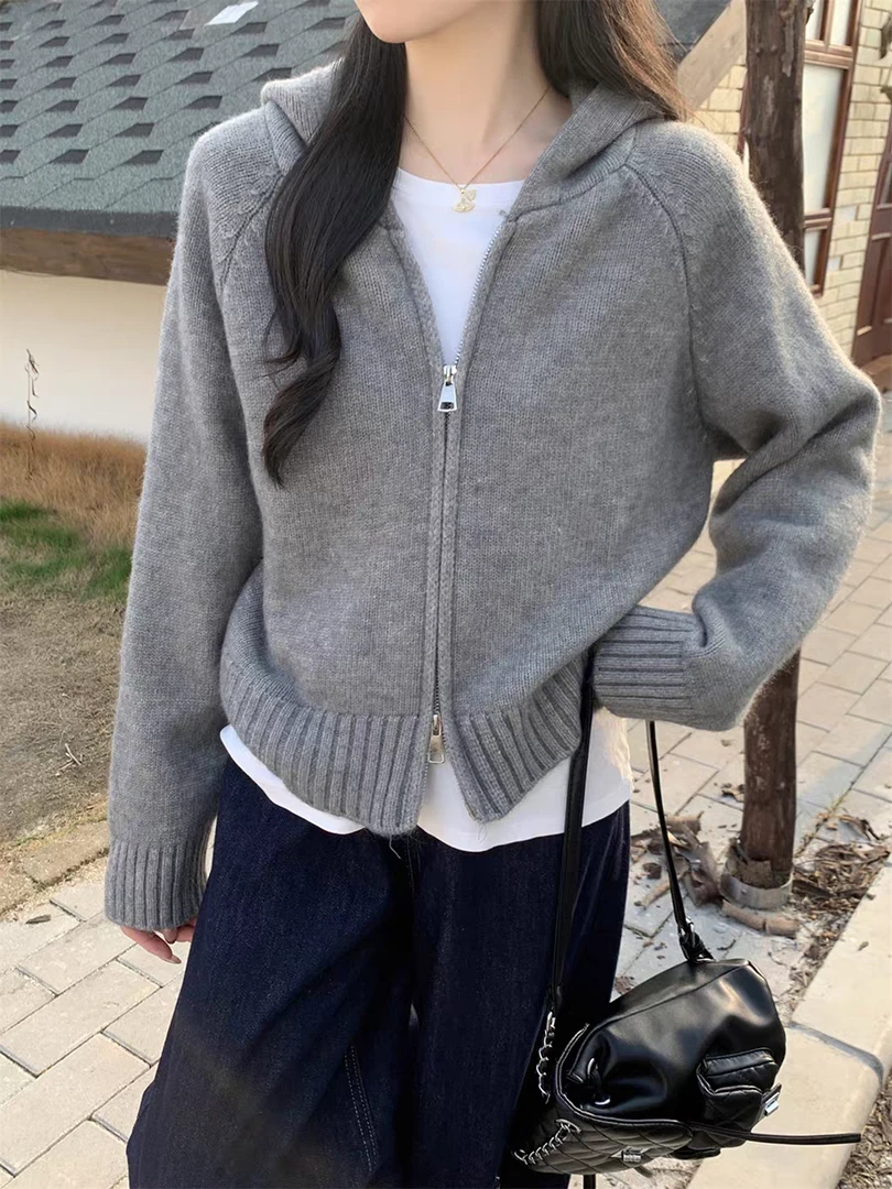 小个子版秋冬插肩袖糖果色连帽毛衣开衫