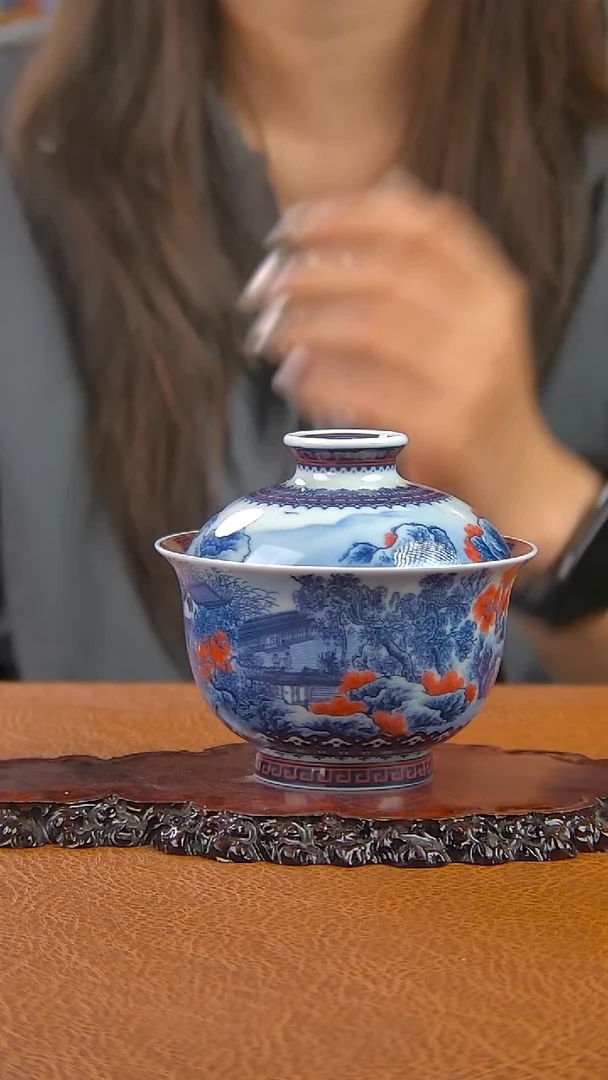 景德镇手工青花山水盖碗