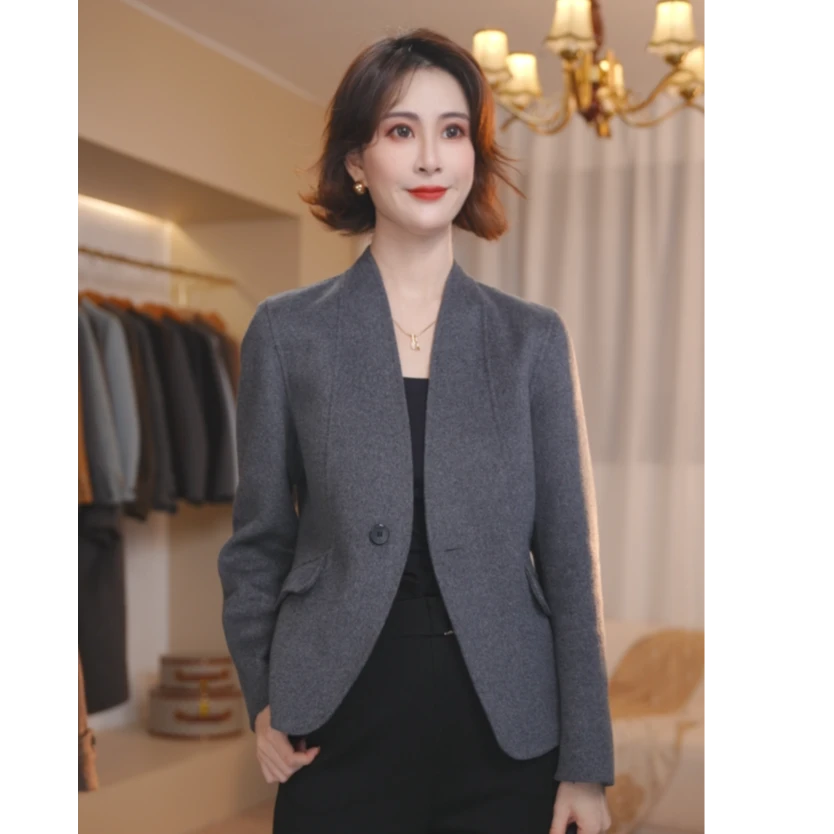 【熹垚】2025新款百搭修身双面羊毛大衣女短款时尚气质休闲无领336