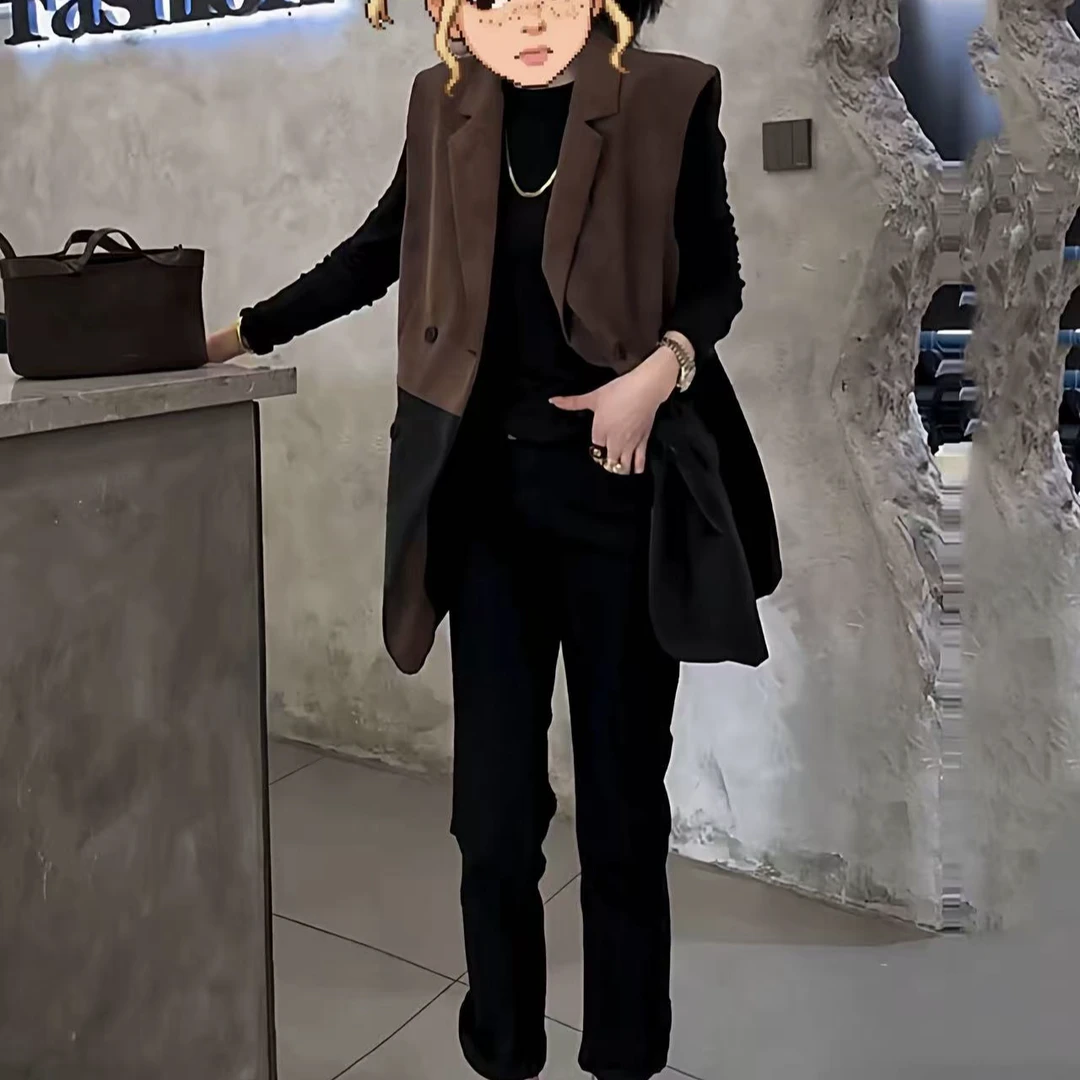 337时尚港风气质中长款马甲女2025秋新款拼色休闲宽松百搭马夹NJ