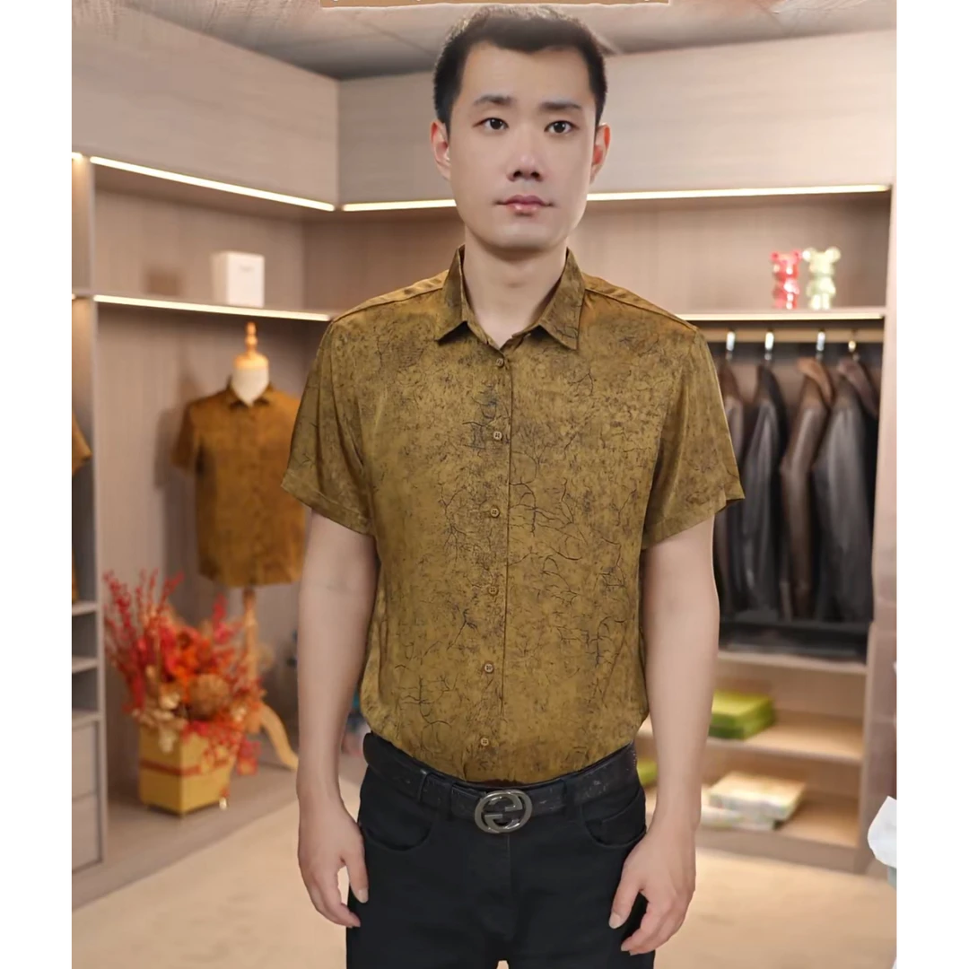 【苏杭桑蚕丝】男士时尚半袖夏季衬衫翻领香云纱短袖国风百搭909