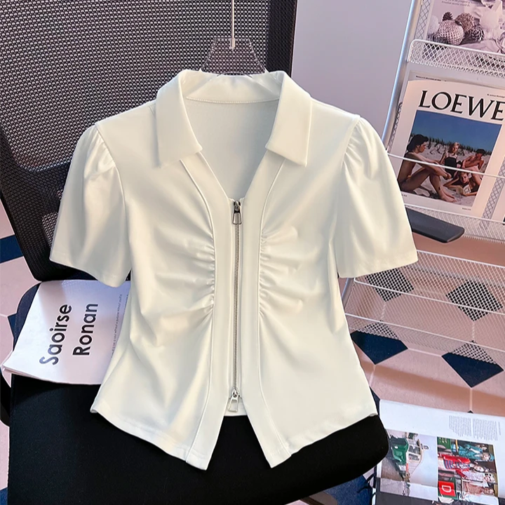 女装夏季2025新款设计感双拉链polo领短袖T恤女气质收腰显瘦上衣