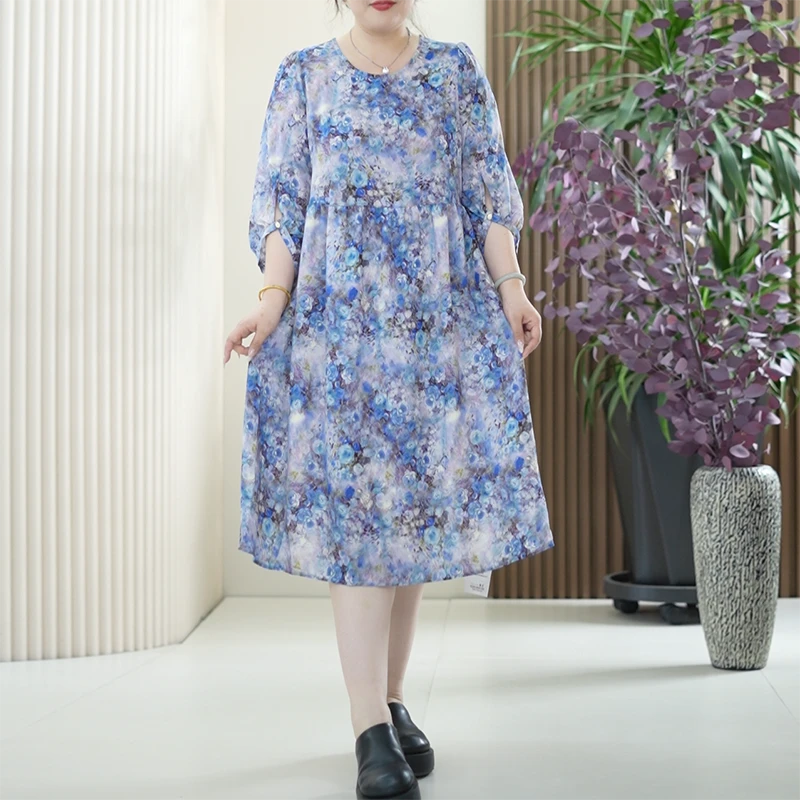 乔其纱油画法式连衣裙大码显瘦莫奈花园风花苞袖中长夏季过膝裙