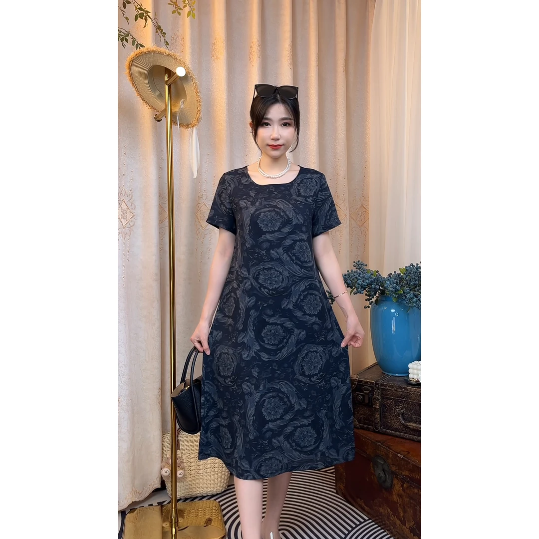 【俏大文】时尚夏季气质连衣裙妈妈装中老年显瘦宽松遮肚大码中长款