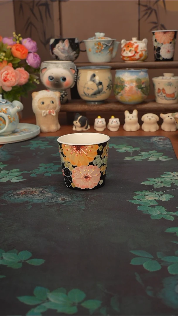 花满蹊  黑色猪口杯